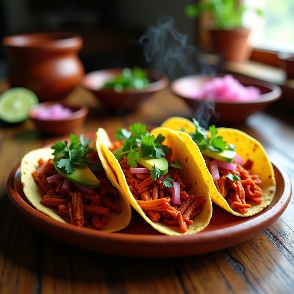 Tacos veganos de jackfruit al pibil servidos en tortillas de maíz doradas, con cebolla morada encurtida y aguacate en cubos, receta de olla lenta con especias yucatecas.