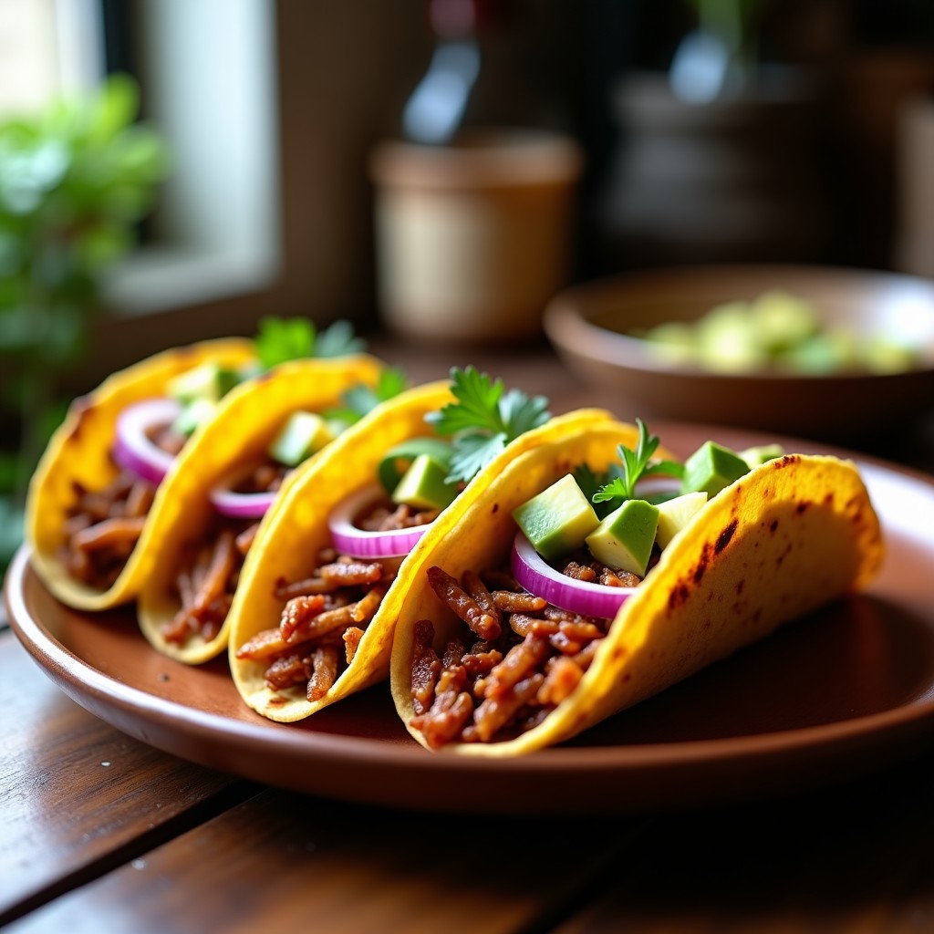 Tacos veganos de jackfruit picanha dorado en airfryer, servidos en tortillas de maíz con aguacate, cebolla morada y cilantro fresco.
