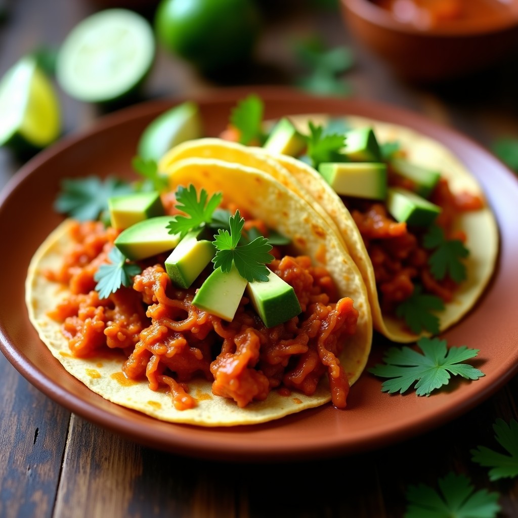 Tacos veganos de jackfruit piccante servidos en tortillas de maíz doradas, rellenos de jackfruit desmenuzado con especias, aguacate en cubos, cilantro fresco y rodajas de limón, sobre un plato de barro rústico con fondo de madera oscura.