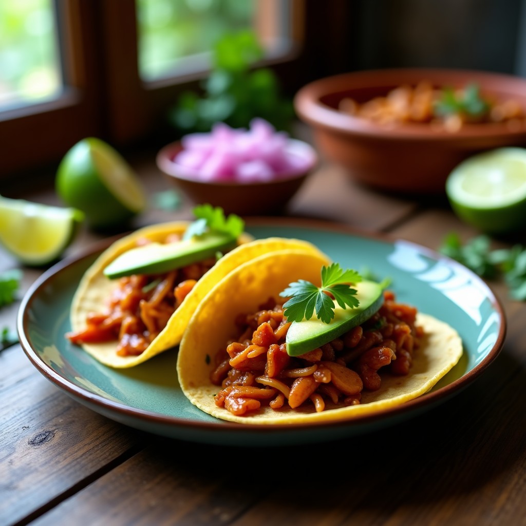 Tacos veganos de jackfruit desmenuzado en tortillas de maíz, acompañados de aguacate, cilantro fresco y rodajas de limón, con un fondo rústico de madera oscura.