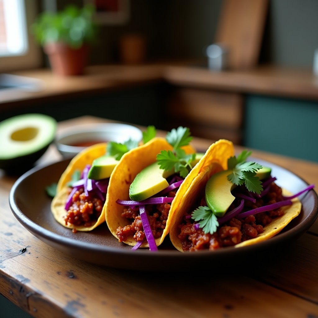Tacos veganos de jackfruit desmenuzado estilo pulled pork, servidos en tortillas de maíz con aguacate, repollo morado y cilantro fresco.