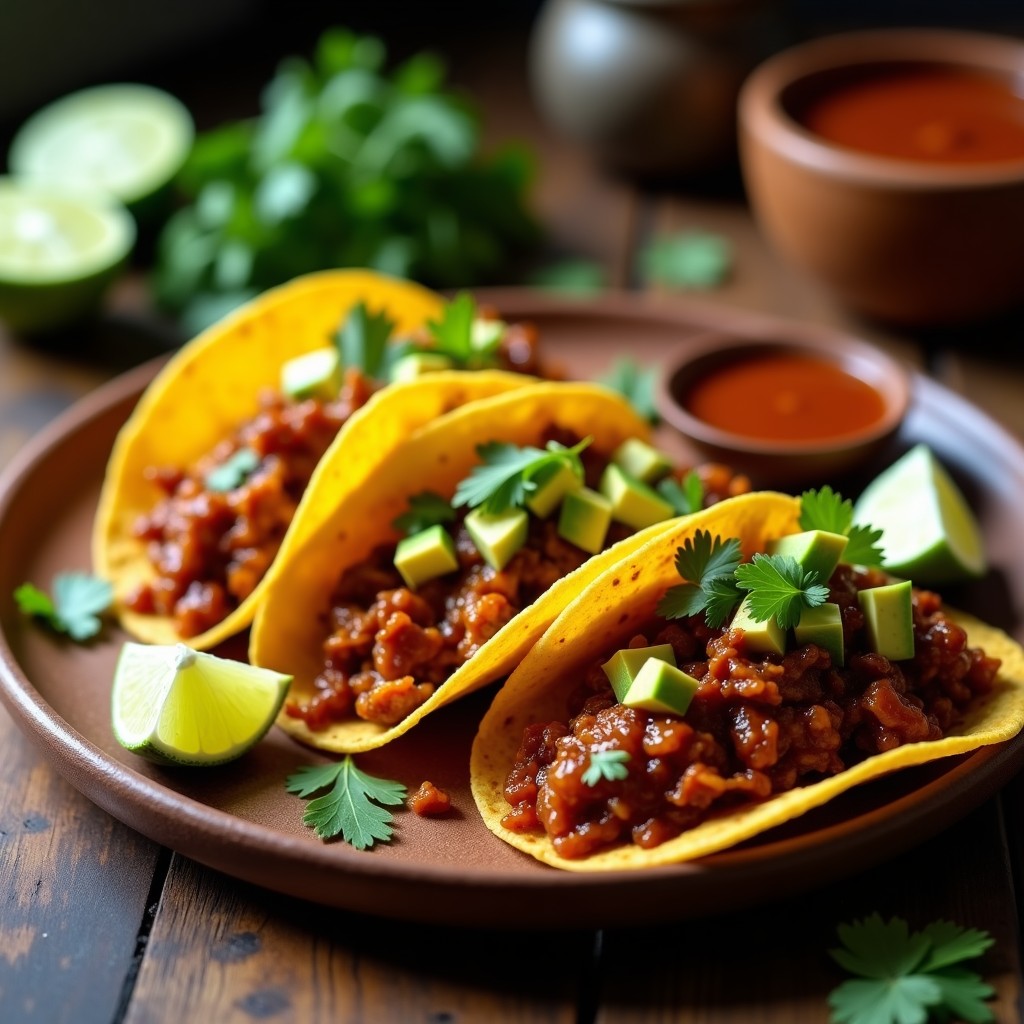 Tacos veganos de jackfruit desmenuzado en tortillas de maíz, con aguacate, cilantro y salsa BBQ, servidos en plato de barro rústico.