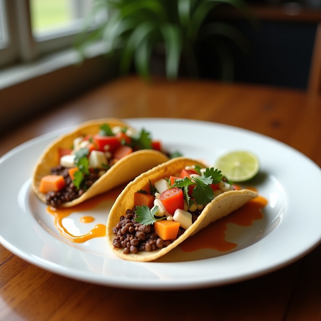 Tacos veganos de lentejas y cacao en tortillas de maíz, rellenos de mezcla oscura de lentejas con especias, lechuga romana, aderezo cremoso de aguacate y semillas de sésamo, servidos en plato rústico de barro.