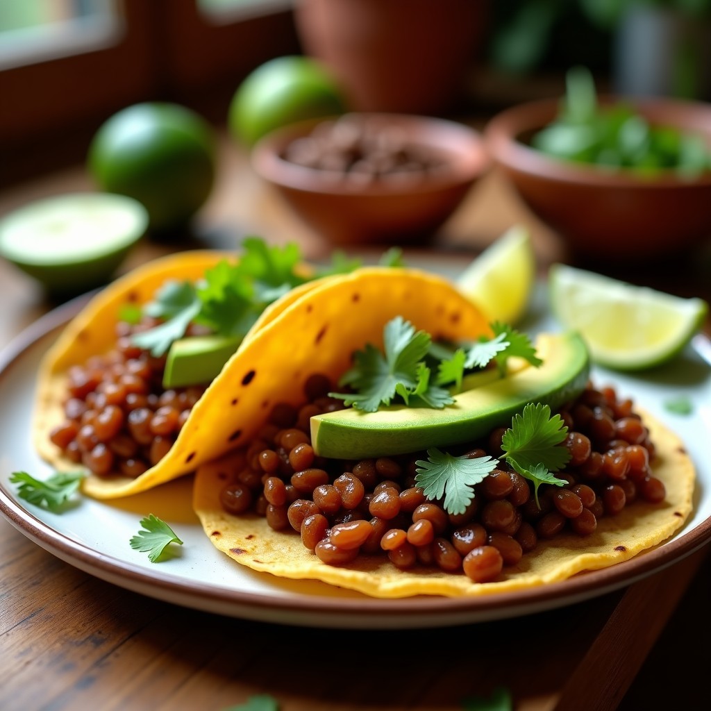 Tacos veganos de lentejas con chipotle servidos en tortillas de maíz, acompañados de aguacate, cilantro y lima, con fondo rústico de madera.