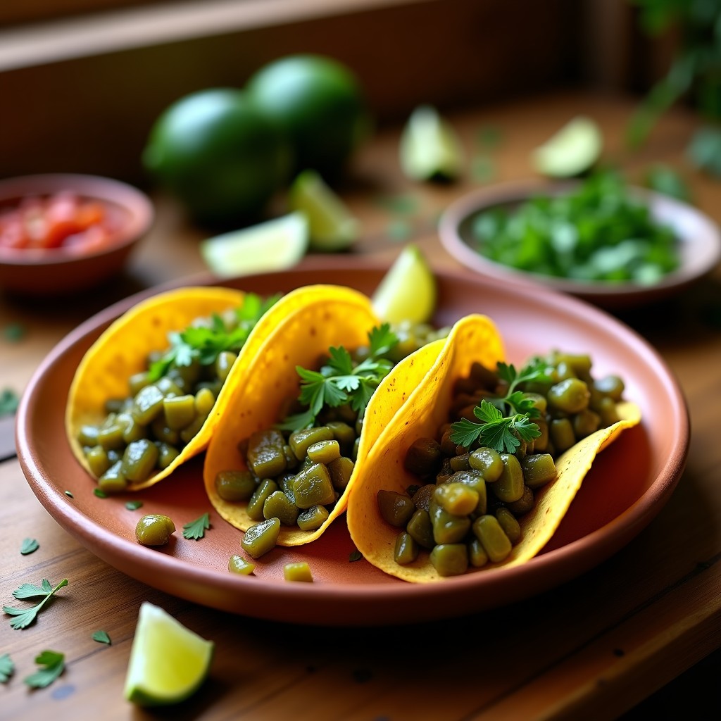 Plato de tacos veganos rellenos de nopales encurtidos con toque ahumado, decorados con cilantro fresco y limón verde, sobre tortillas de maíz doradas.