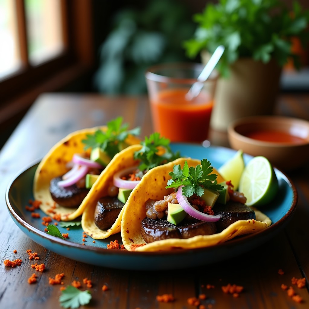 Tacos veganos de nopales y hongos portobello ahumados, servidos en tortillas de maíz azules con cebolla morada, aguacate y cilantro fresco. Receta en airfryer sin aceite.