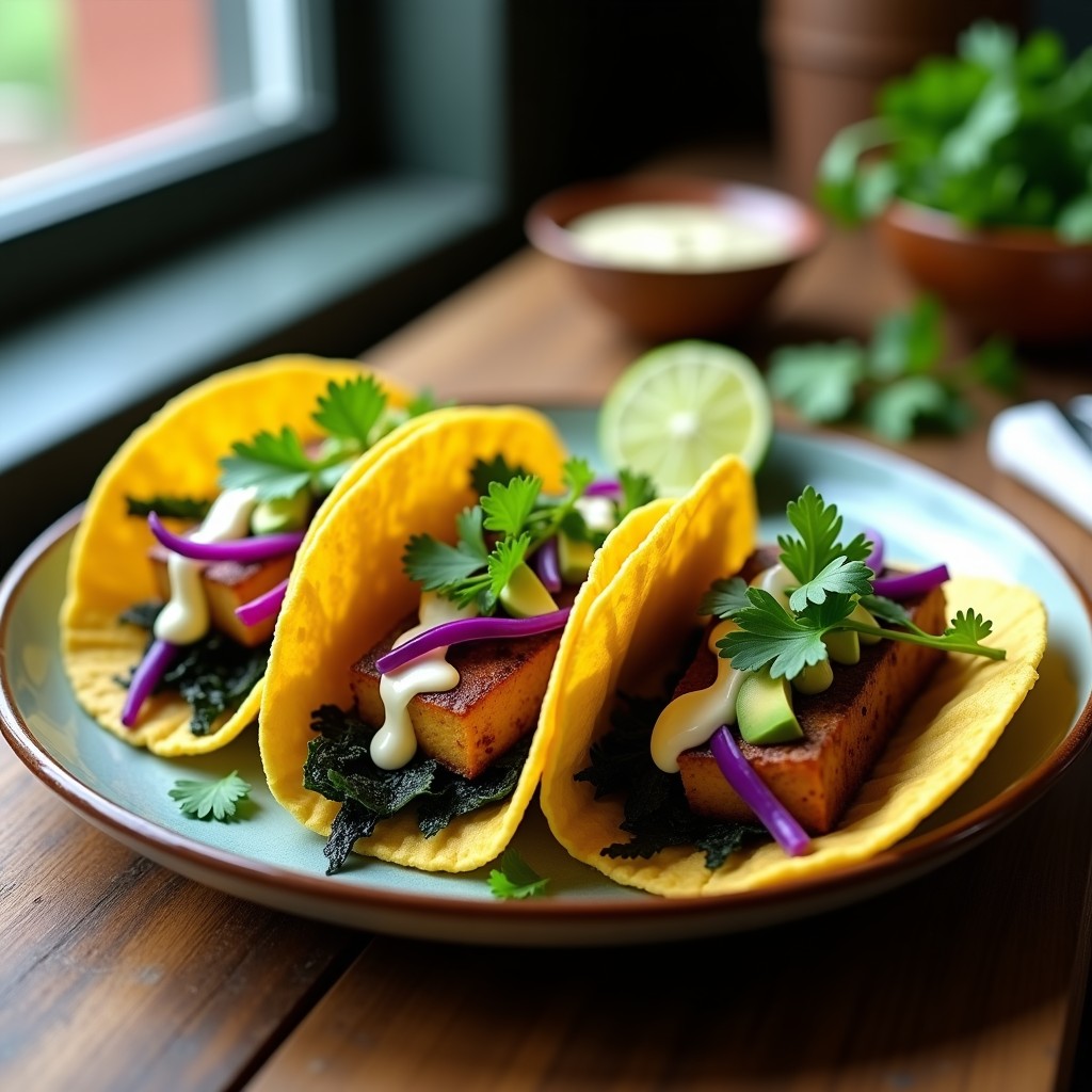 Plato de tacos veganos abiertos sobre tortillas de maíz, rellenos de tofu desmenuzado con algas nori y wakame, aguacate en cubos, repollo morado y crema de anacardos, decorados con cilantro fresco. Receta de tacos veganos de pescado ahumado con algas.