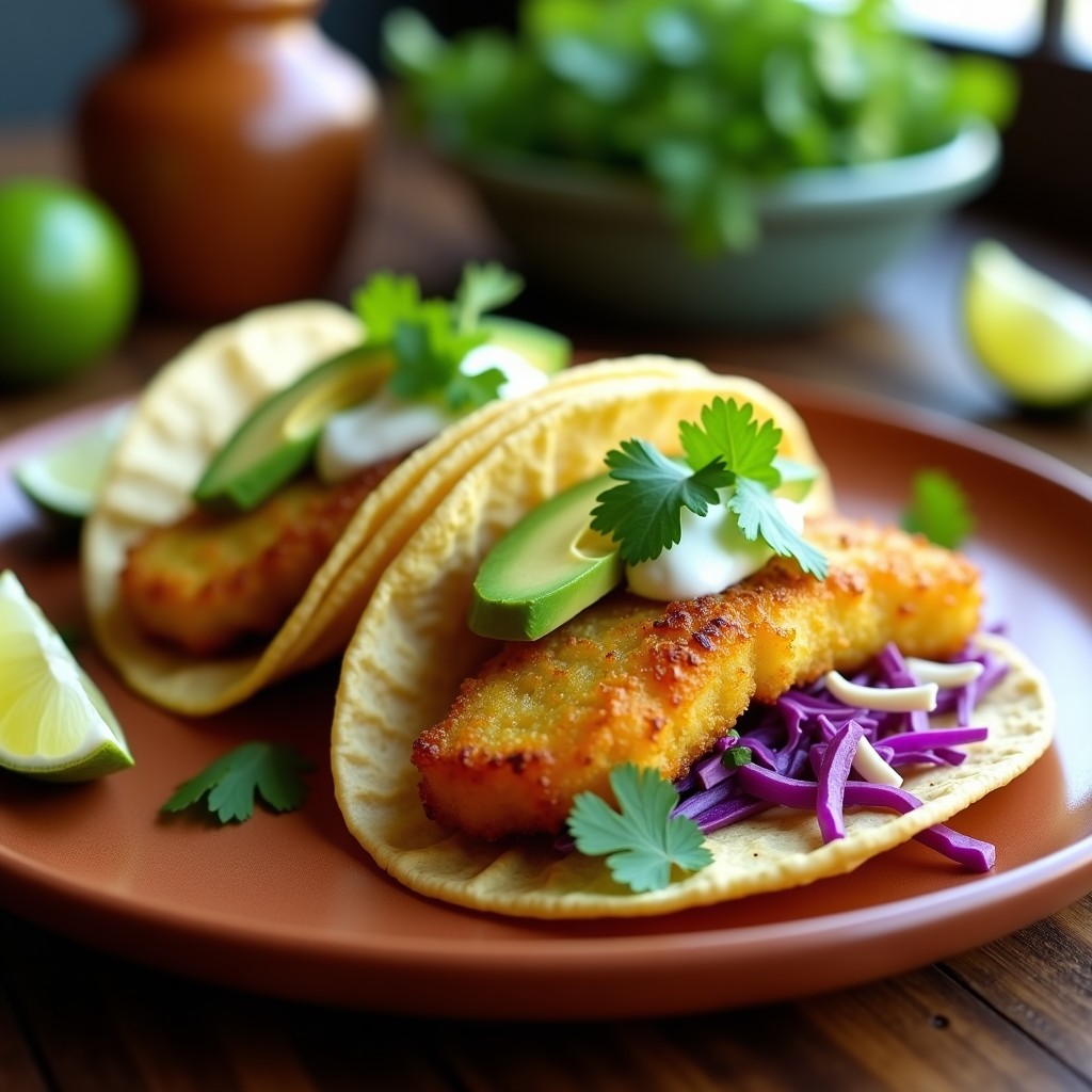 Tacos veganos de pescado de banano verde crujientes, servidos en tortillas de maíz con lechuga morada, aguacate y salsa tártara, sobre un plato de barro rústico.
