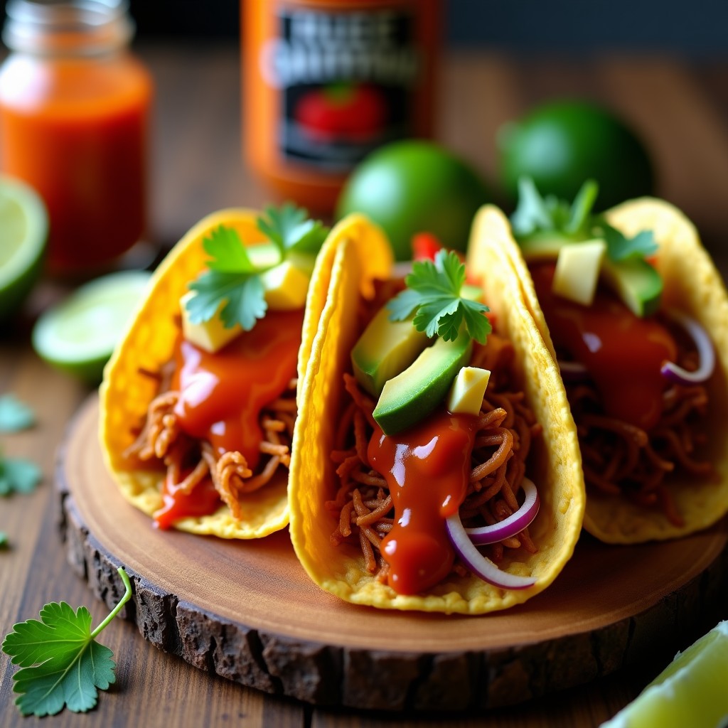 Tacos veganos picantes con jackfruit ahumado dorado en airfryer, servidos en tortillas de maíz con cebolla morada, aguacate, pimiento rojo y salsa chipotle cremosa, decorados con cilantro fresco.