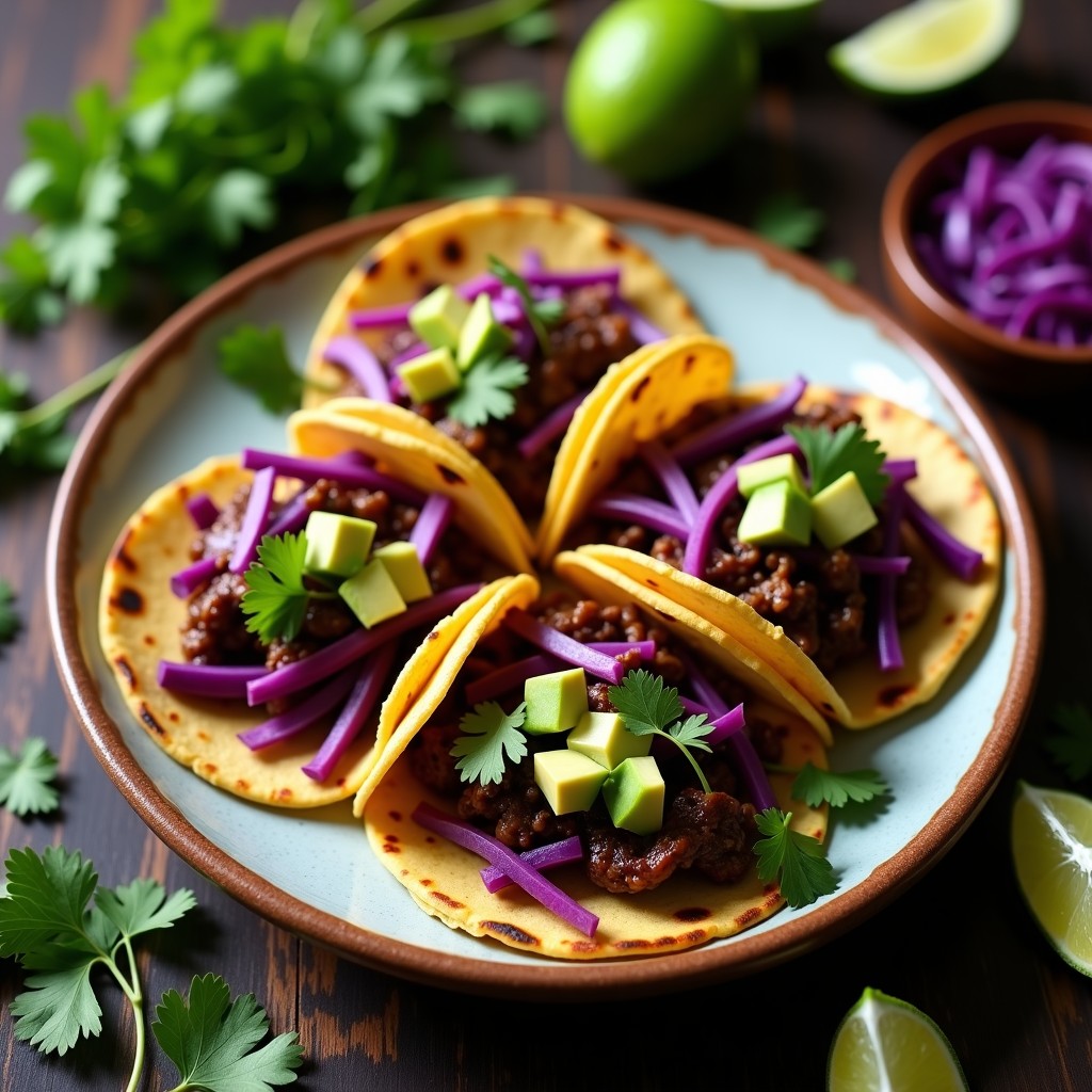 Tacos veganos de hongos ostra pulled en tortillas de maíz, rellenos de lechuga morada, cebolla morada, aguacate y cilantro, servidos en un plato de barro rústico con fondo de madera oscura.