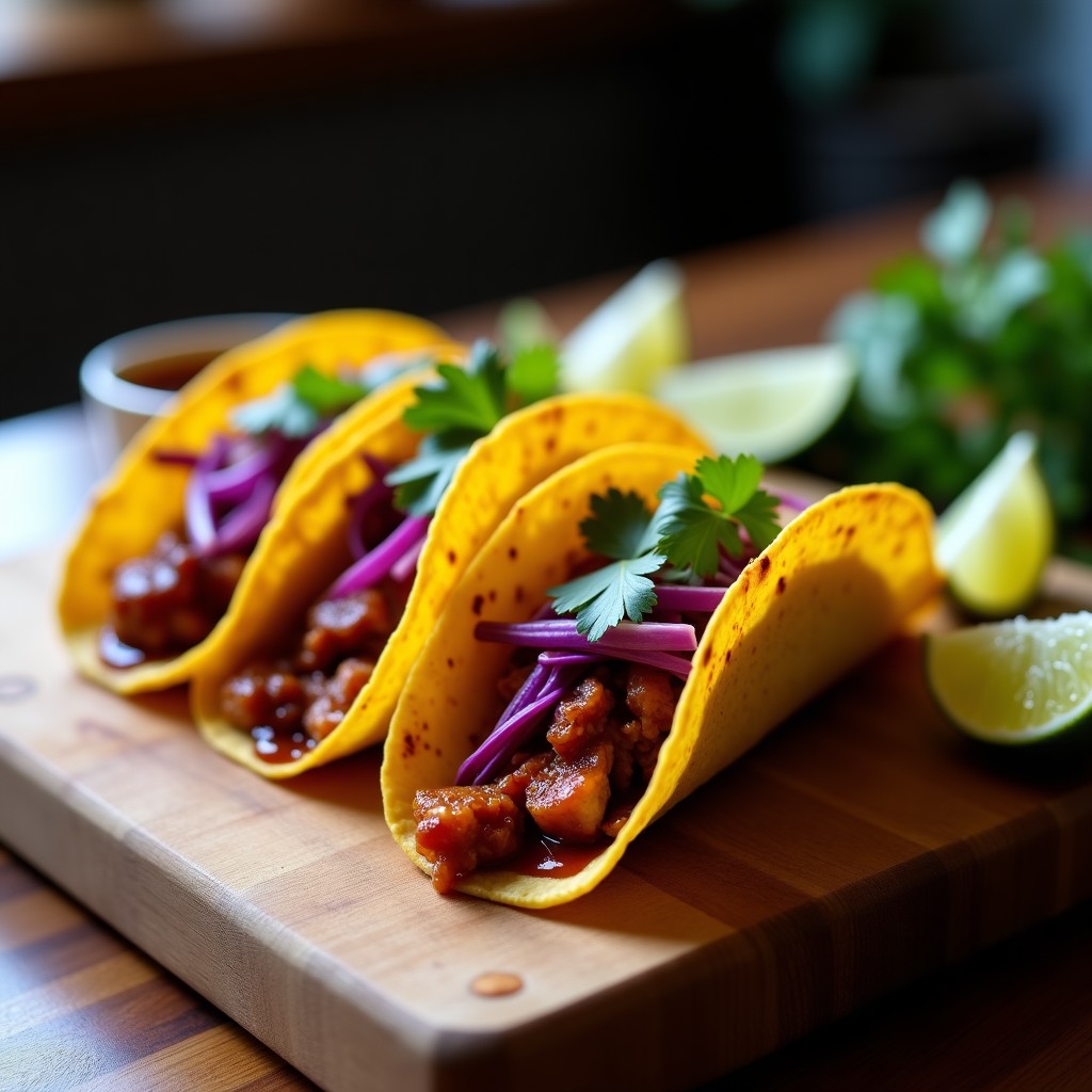 Tacos veganos de jackfruit pulled con salsa BBQ casera, servidos en tortillas de maíz con repollo morado, cilantro fresco y limón, sobre una tabla de madera rústica.