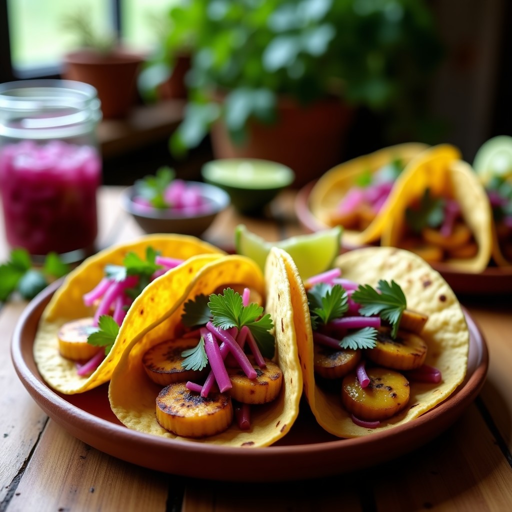 Plato de tacos veganos de banano macho dorado con encurtidos de cebolla morada y jalapeño, servidos en tortillas de maíz y decorados con cilantro fresco.