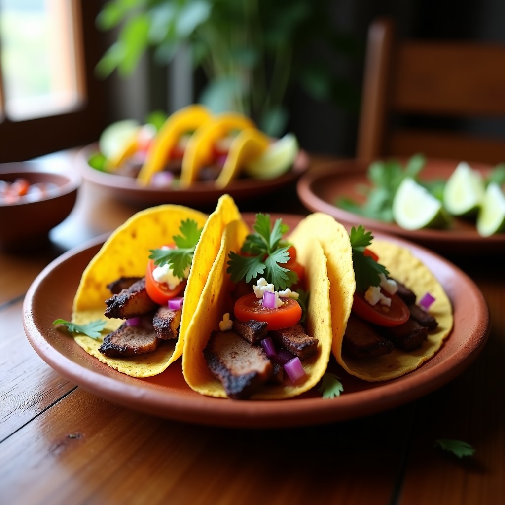 Tacos de venado estilo Oaxaca en airfryer, con tortillas de maíz doradas, carne jugosa, cebolla morada, jitomate y queso fresco desmenuzado, servidos en plato de barro.