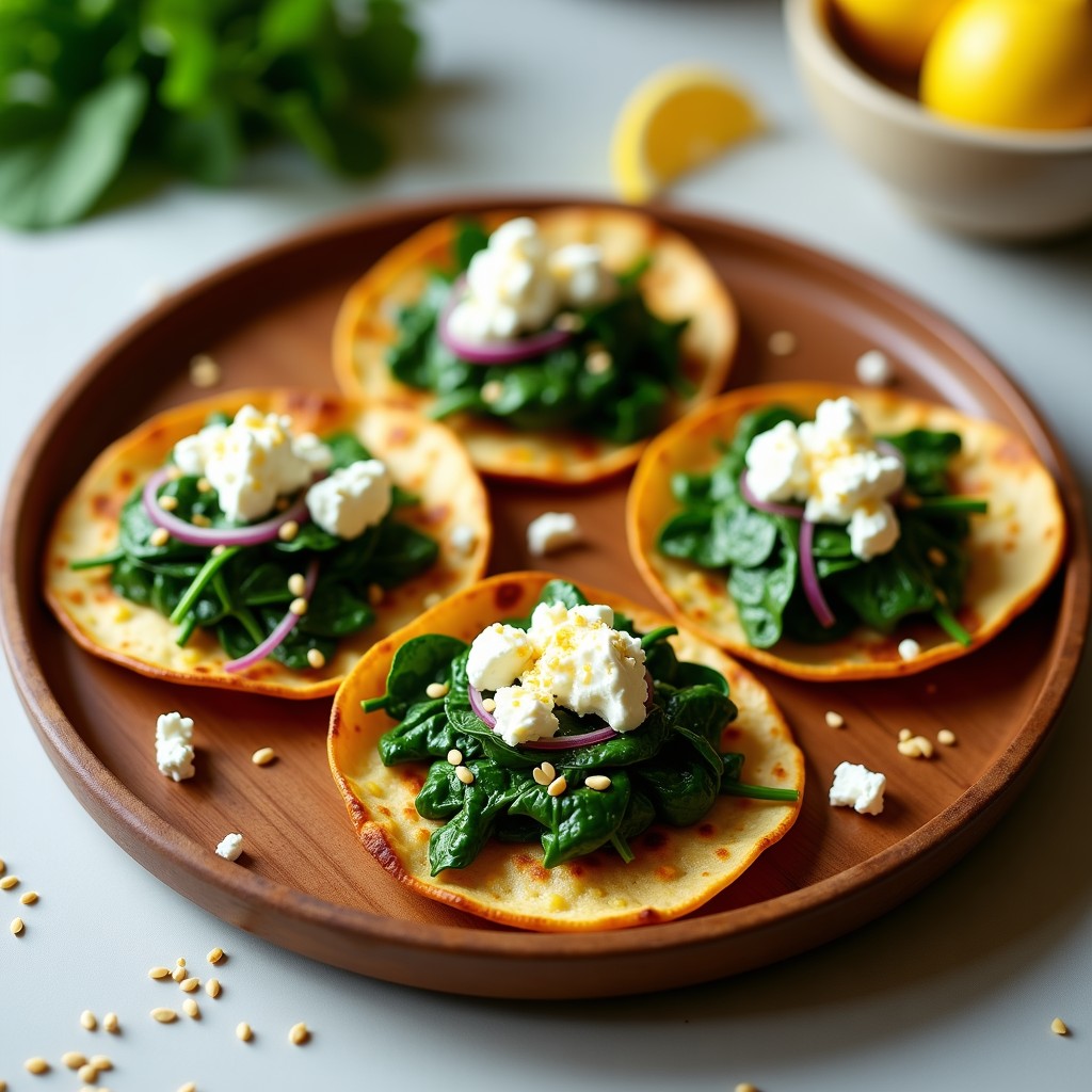 Tacos de espinacas y queso de cabra en plato de madera rústico, con tortillas doradas crujientes, espinacas verdes salteadas y queso de cabra desmenuzado, decorados con semillas de sésamo y vinagreta de limón.