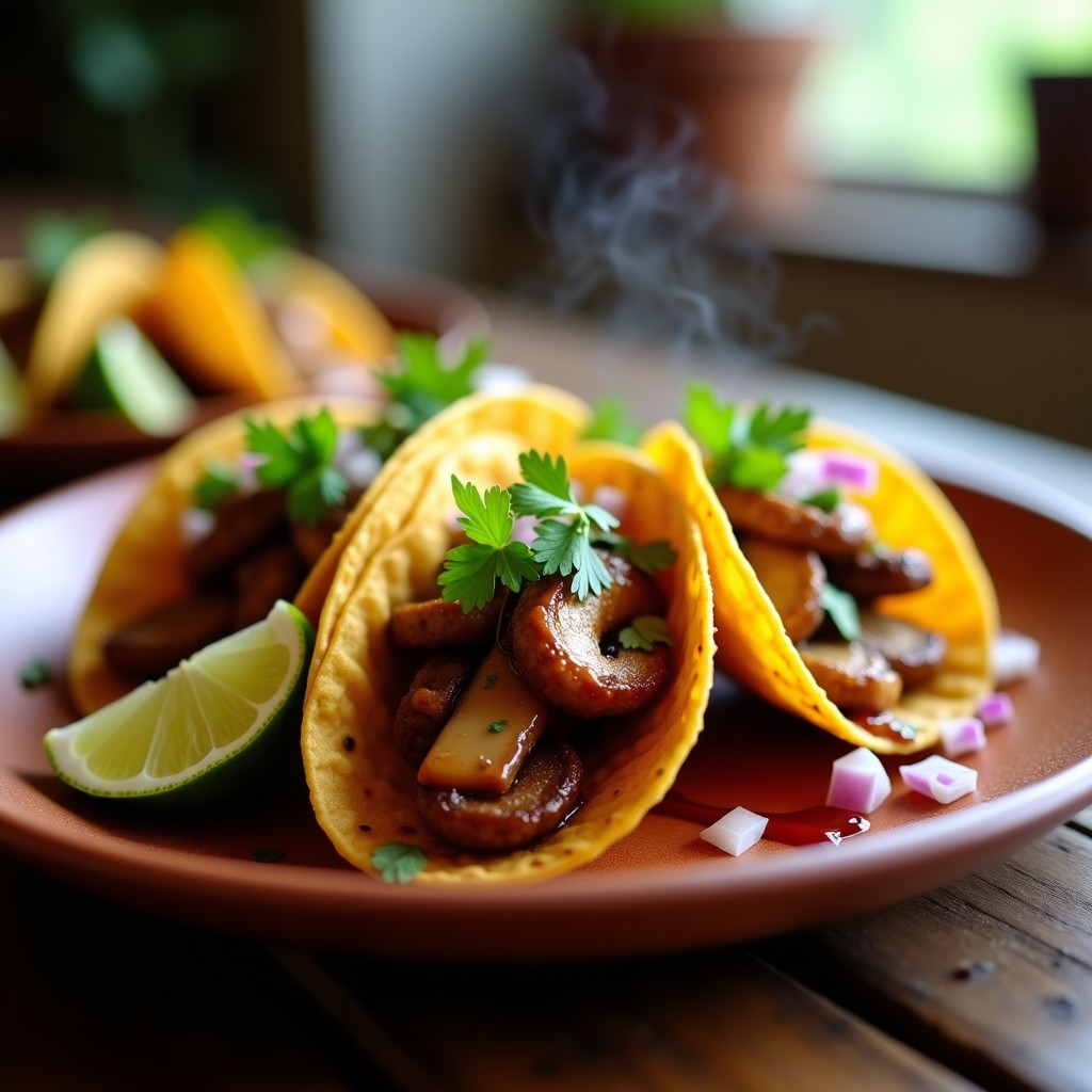 Plato de tacos de verniegas ahumadas en airfryer, con tortillas de maíz doradas, rellenos de setas crujientes, aguacate, cebolla morada y cilantro, acompañados de salsa chipotle.