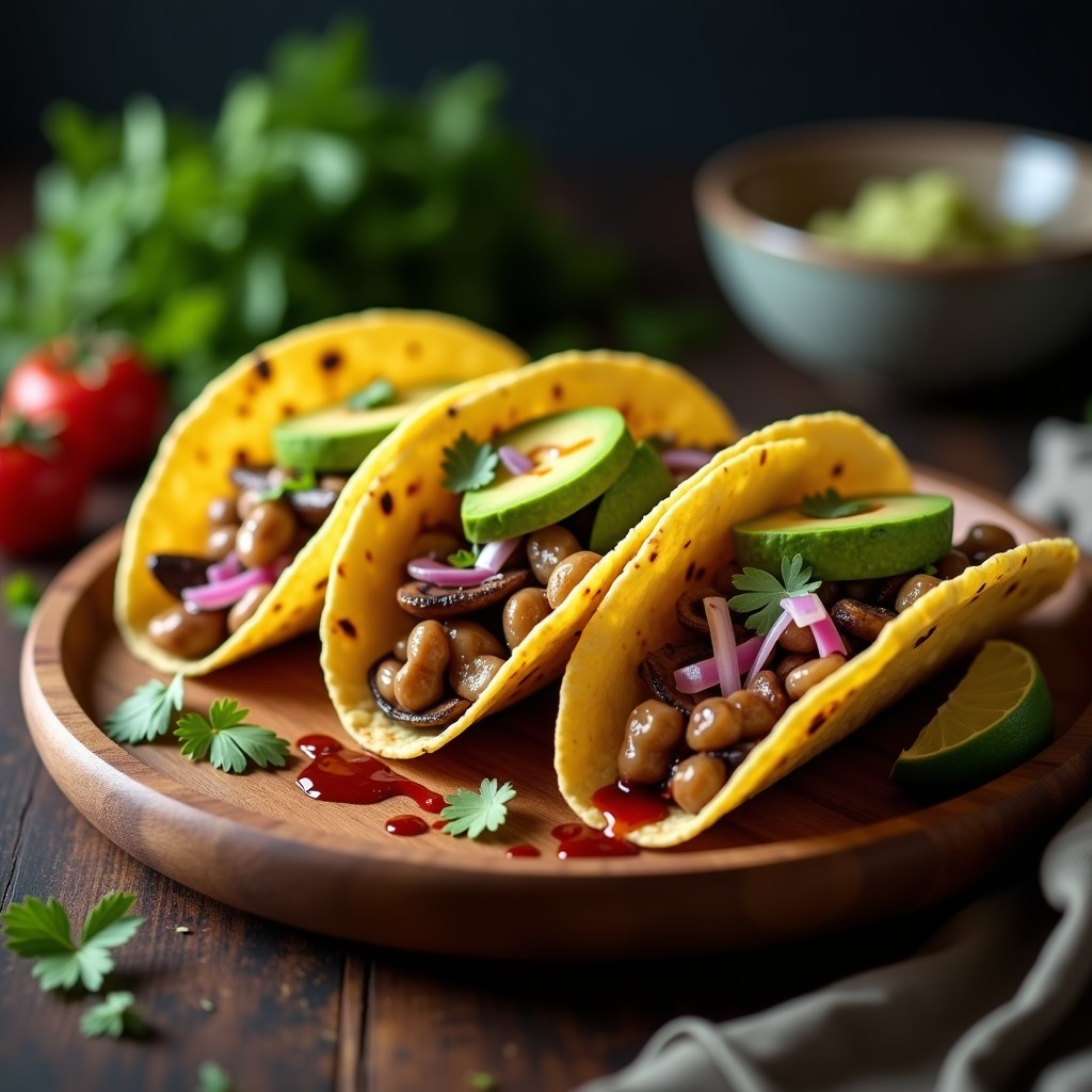 Tacos de maíz abiertos rellenos de verniegas ahumadas doradas, cebolla morada, aguacate en cubos y cilantro fresco, con un hilo de salsa de chipotle, sobre un plato de madera rústica.