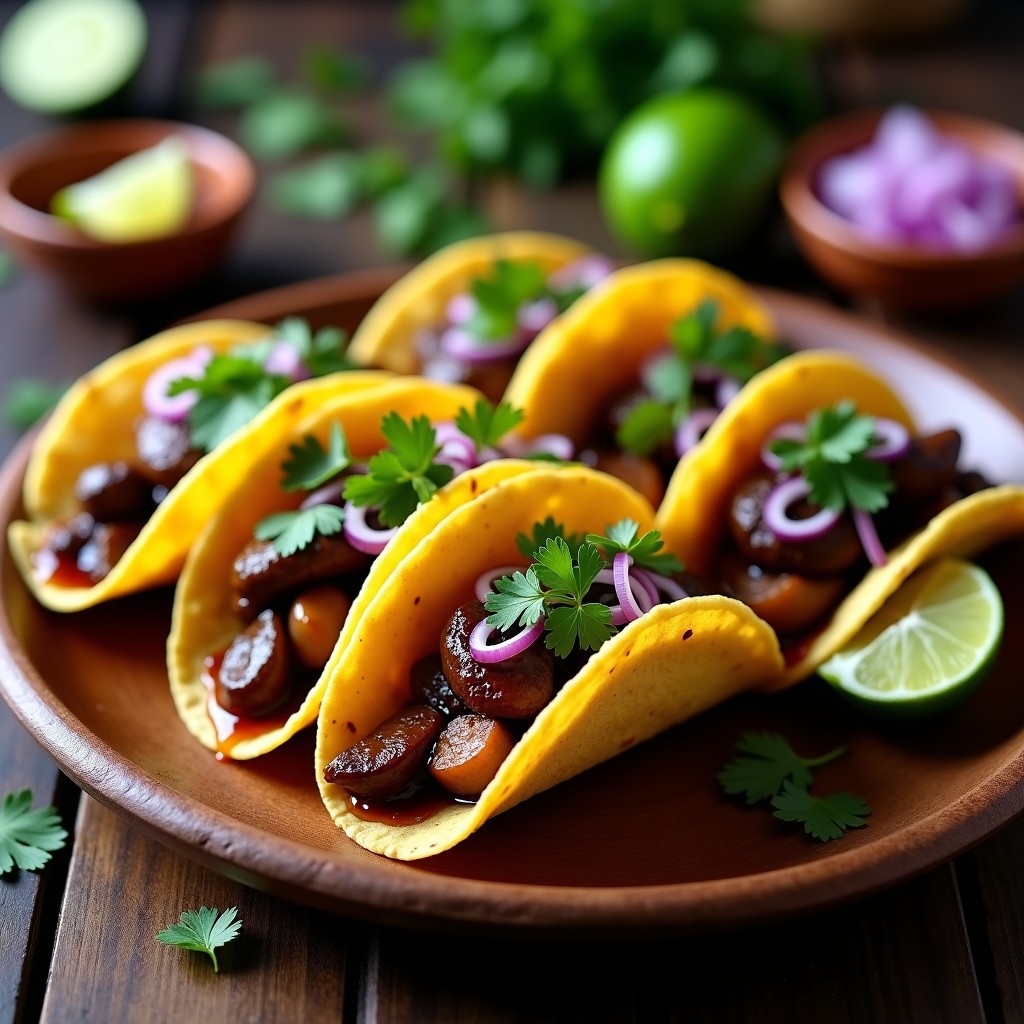 Plato de tacos de verniegas ahumadas servidos en tortillas de maíz, con cebolla morada, cilantro fresco y limón, sobre un fondo de madera rústica.
