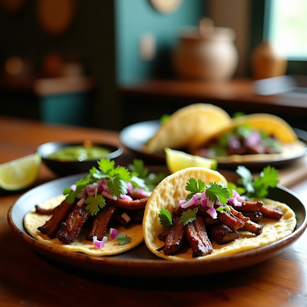 Plato de tacos de verniza ahumados en tortillas de maíz azules, acompañados de cebolla morada, cilantro fresco, limón verde y salsa verde. Receta en airfryer con textura crujiente y jugosa.