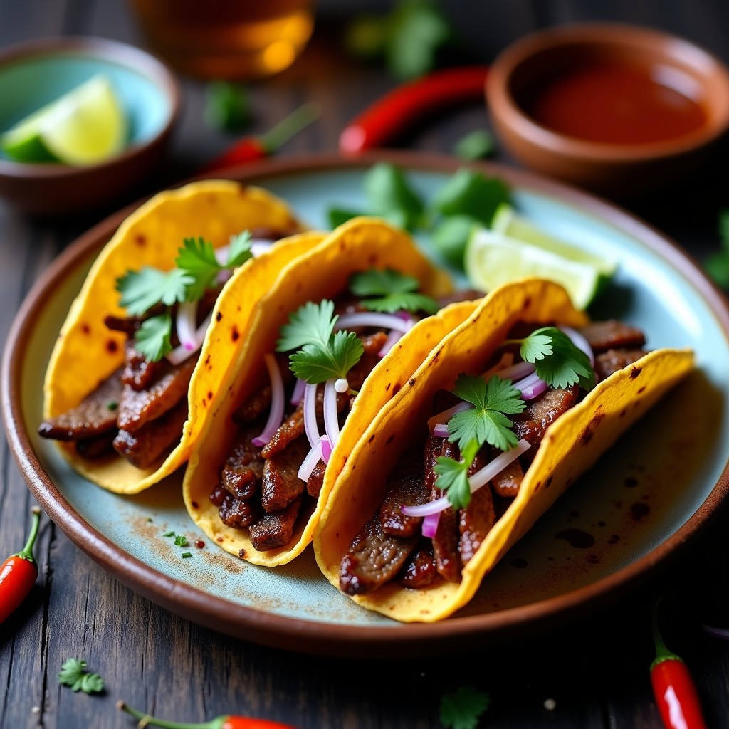 Plato de tacos de verniza con piloncillo glaseado sobre tortillas de maíz azules, decorados con cebolla morada, cilantro fresco y limón, receta tradicional oaxaqueña.