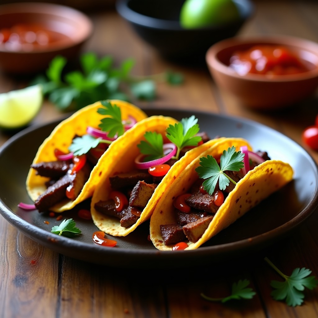 Plato de tacos de verniza con carne de res marinada en salsa de chile pasilla y ajo asado, servidos en tortillas de maíz con cebolla morada encurtida, cilantro fresco y limón verde.