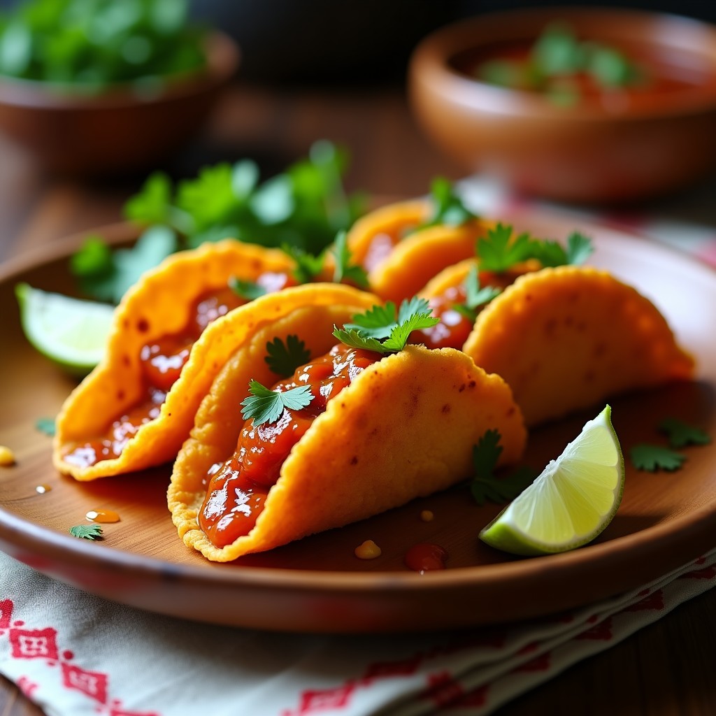 Tacos dorados y crujientes de yuca fermentada rellenos de salsa rosada de guayaba y ají charapita, decorados con semillas de sésamo y cilantro fresco, sobre un plato de cerámica rústica con fondo de hojas de plátano.