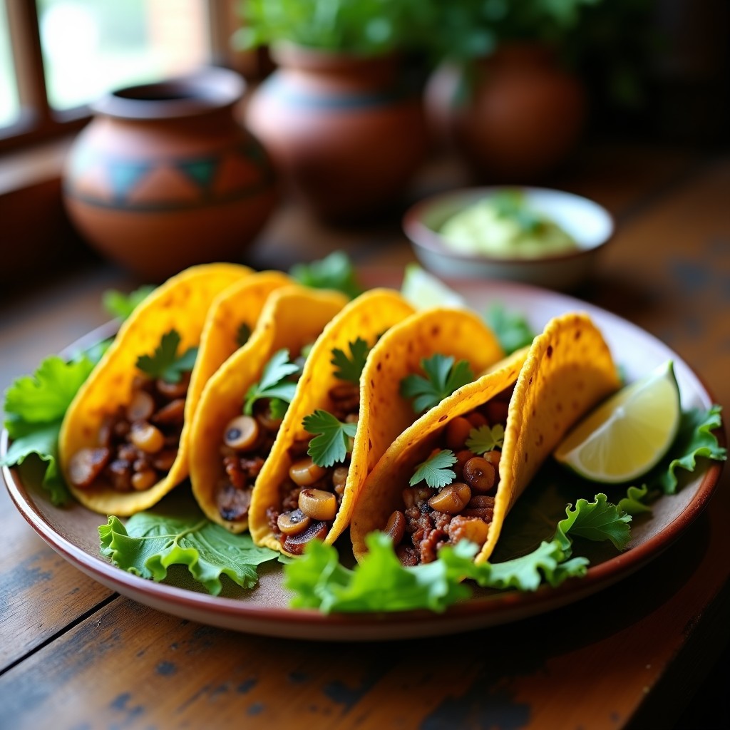 Tacos de yuca rellena de hongos ostra y chipotle servidos en tortillas de maíz, con rodajas de aguacate y cilantro fresco, plato colorido y apetitoso, receta mexicana sin gluten.