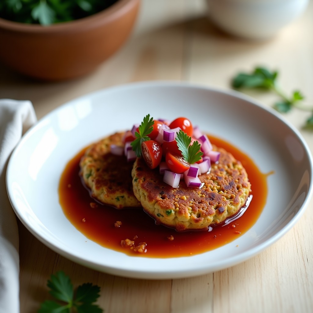 Plato de Tacu Tacu vegano de lentejas y remolacha dorado y crujiente, servido en un plato blanco con salsa criolla fresca de tomate, cebolla morada y cilantro. Receta peruana en Airfryer alta en proteína.