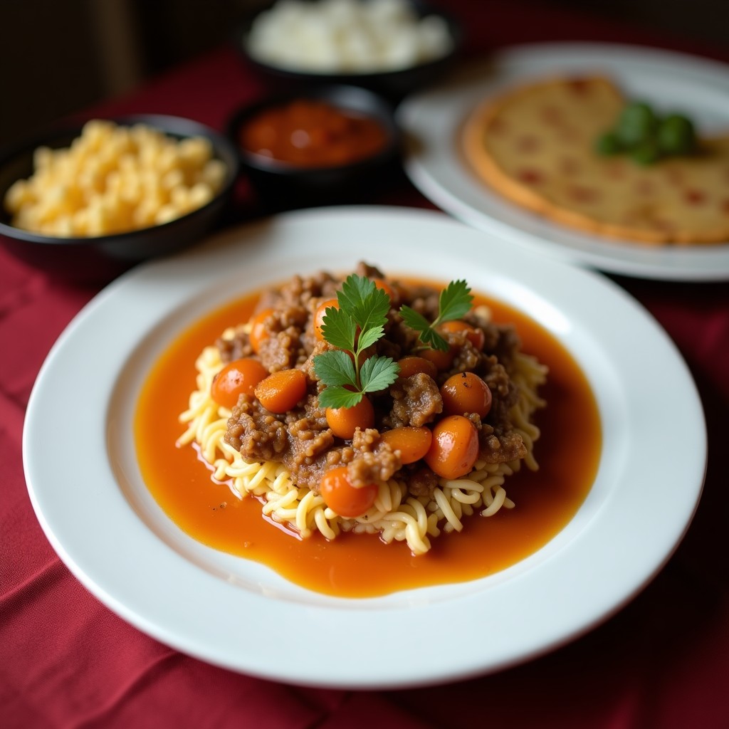 Plato de Tacu Tacu Peruano en olla express, con arroz y lentejas mezcladas, huevos fritos encima y culantro fresco espolvoreado, servido en plato rústico.