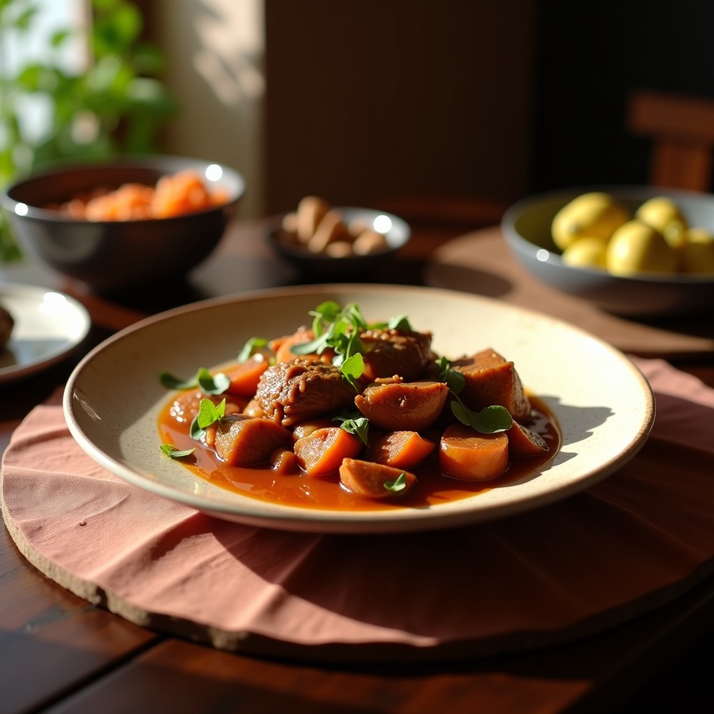 Tagine de cordero con ciruelas en olla de barro, trozos tiernos de cordero estofado con ciruelas pasas doradas, almendras tostadas y cilantro fresco, servido sobre un plato rústico de cerámica con especias visibles.