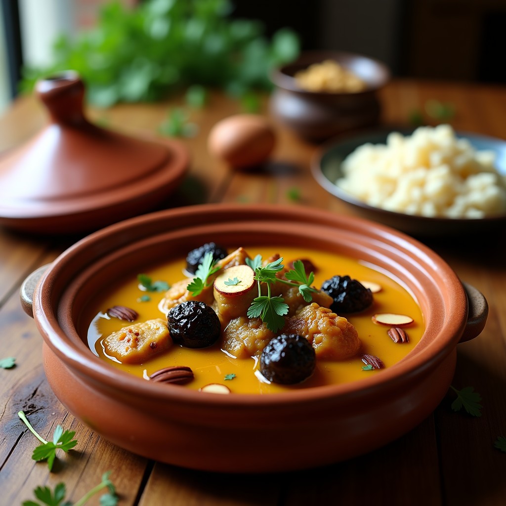 Tajín de cordero iraní en olla de barro, con trozos tiernos de carne bañados en un caldo dorado por la cúrcuma, prunas oscuras y almendras tostadas. Decorado con cilantro fresco sobre fondo rústico.