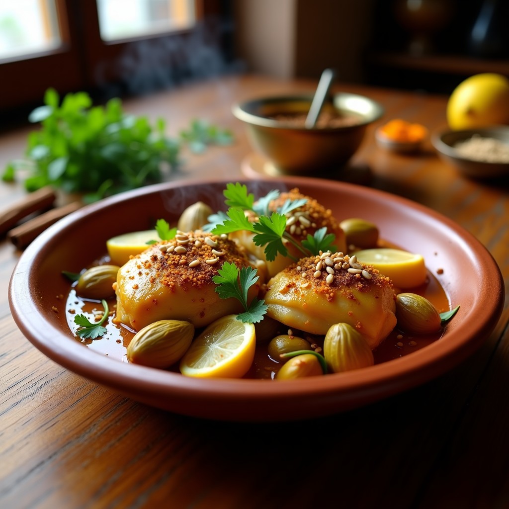 Tajín de pollo con alcachofas y azafrán servido en un plato de barro marrón, con trozos dorados de pollo, alcachofas tiernas, almendras tostadas y cilantro fresco. Receta tradicional marroquí en olla exprés.