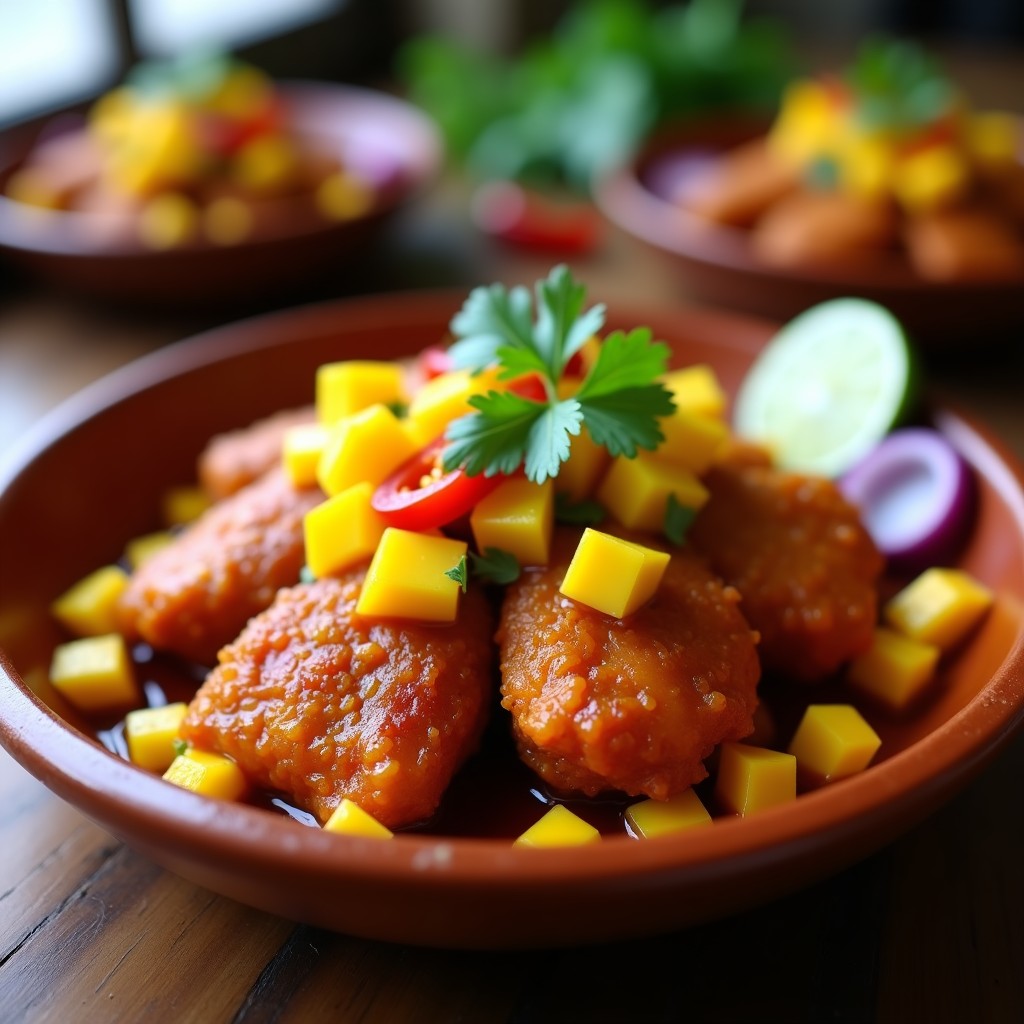 Tajín de pollo dorado en airfryer con trozos de mango fresco y chile habanero, servido en plato de barro con cilantro fresco y rodajas de cebolla morada.