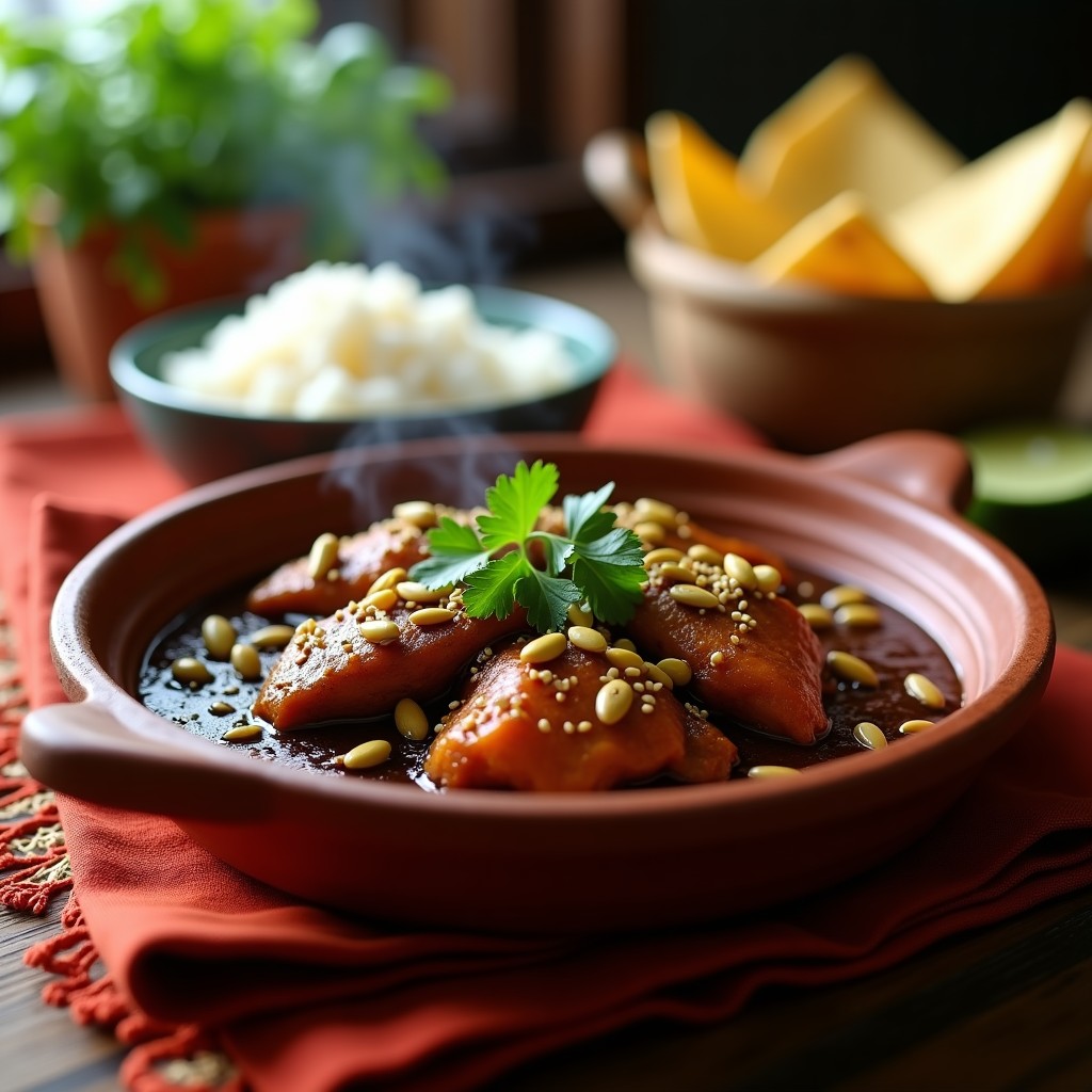 Tajín de pollo al mole poblano servido en plato de barro, cubierto con semillas de calabaza tostadas y cilantro fresco, acompañado de arroz blanco y tortillas de maíz.