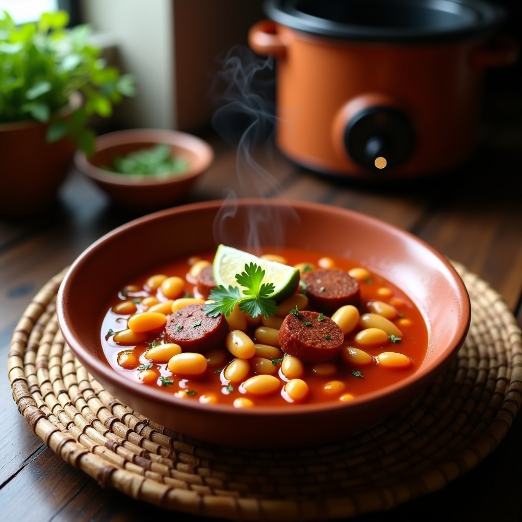 Tajín de alubias blancas con chorizo vegano y pimentón servido en un plato de barro rústico, decorado con almendras fileteadas, hojas de cilantro fresco y rodajas de limón, con un fondo de especias y hierbas aromáticas.
