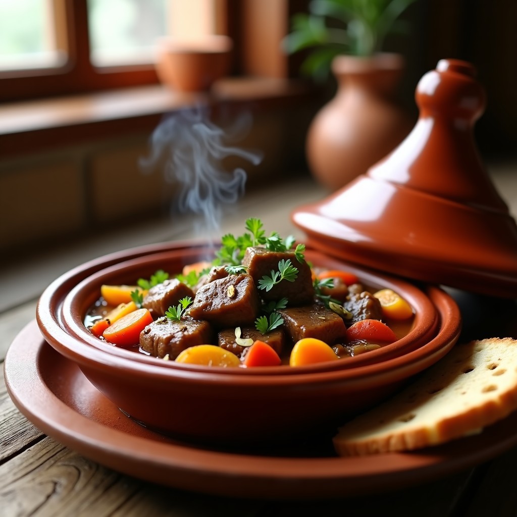 Tajín de cordero en olla lenta con trozos tiernos de carne, zanahorias, apio y trozos dorados de naranja y limón confitado, espolvoreado con almendras tostadas y cilantro fresco sobre un plato de barro rústico.