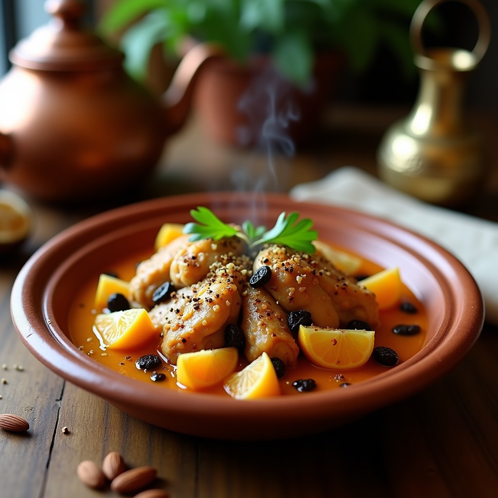Tajine de pollo dorado con trozos de naranja confitada, pasas de higo y almendras tostadas, servido en un plato de barro con especias Ras el Hanout espolvoreadas. Receta marroquí en olla exprés con toque dulce-salado.
