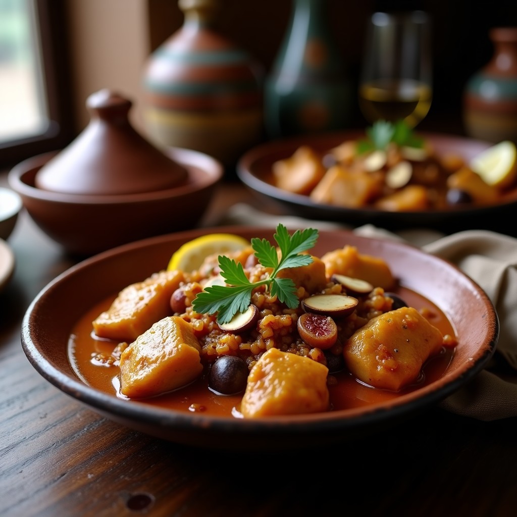Tajine de pollo con higos secos y almendras en Thermomix: plato tradicional marroquí en cazuela de barro con trozos de pollo dorado, higos caramelizados y almendras tostadas, decorado con cilantro fresco.