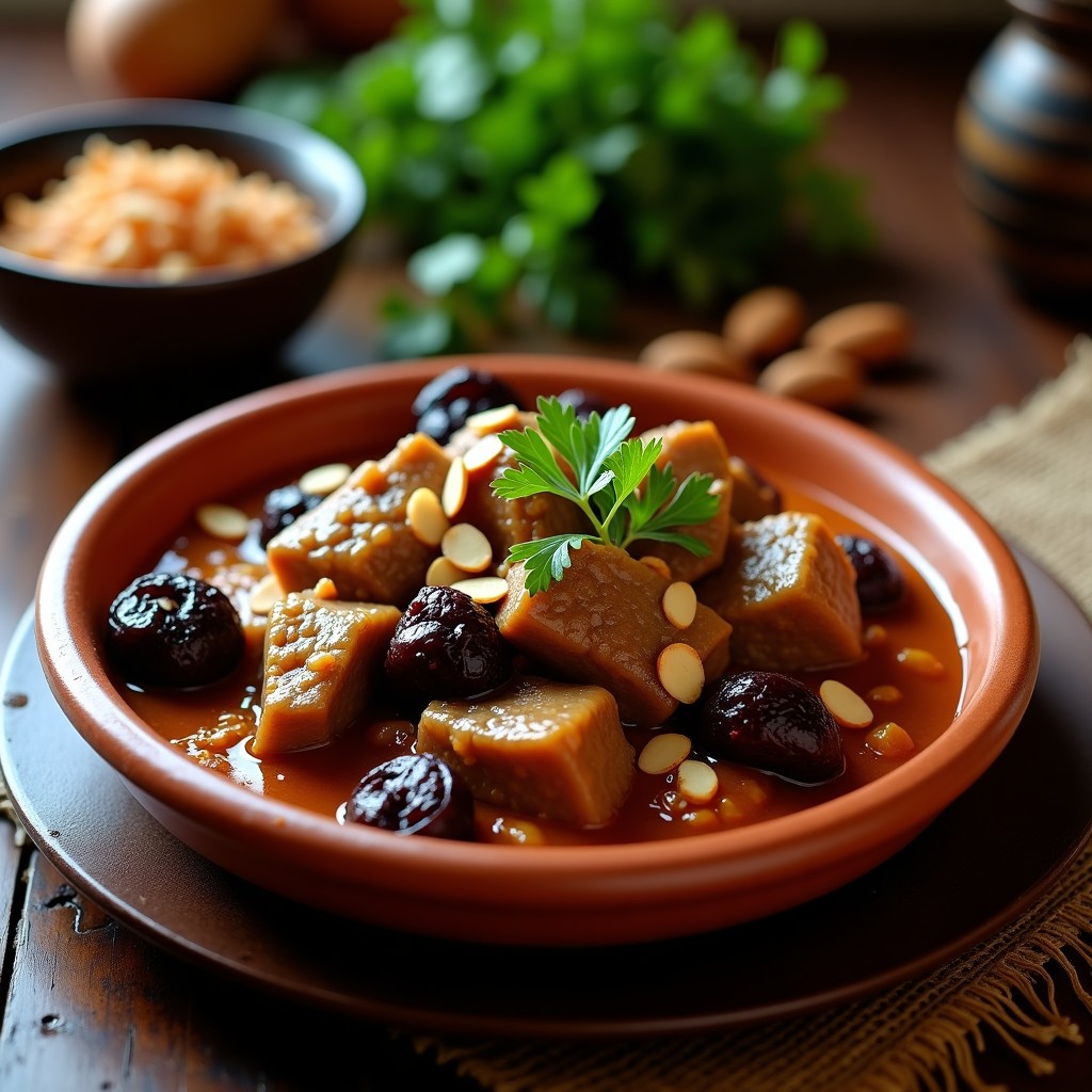 Tajín de barro con cordero estofado en salsa espesa de color ámbar, ciruelas pasas enteras y almendras tostadas espolvoreadas. Acompañado de cuscús sin gluten y decorado con cilantro fresco. Plato tradicional marroquí en Olla Express.