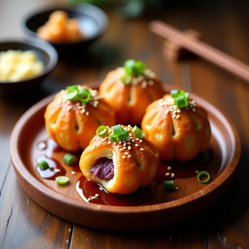 Takoyaki vegano con relleno de tofu y cebolla morada: Receta Japonesa Crujiente en Airfryer
