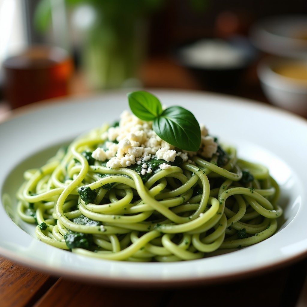 Plato blanco con tallarín verde peruano, fideos cubiertos de salsa cremosa de espinacas y queso fresco, decorado con albahaca fresca.