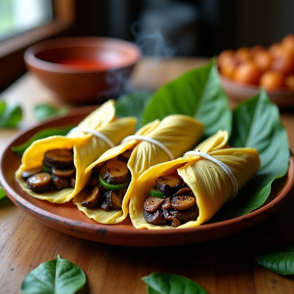 Tamales colombianos veganos envueltos en hoja de bijao, rellenos de champiñones portobello y jalapeño, presentados en un plato de madera rústico con hojas de bijao de fondo.