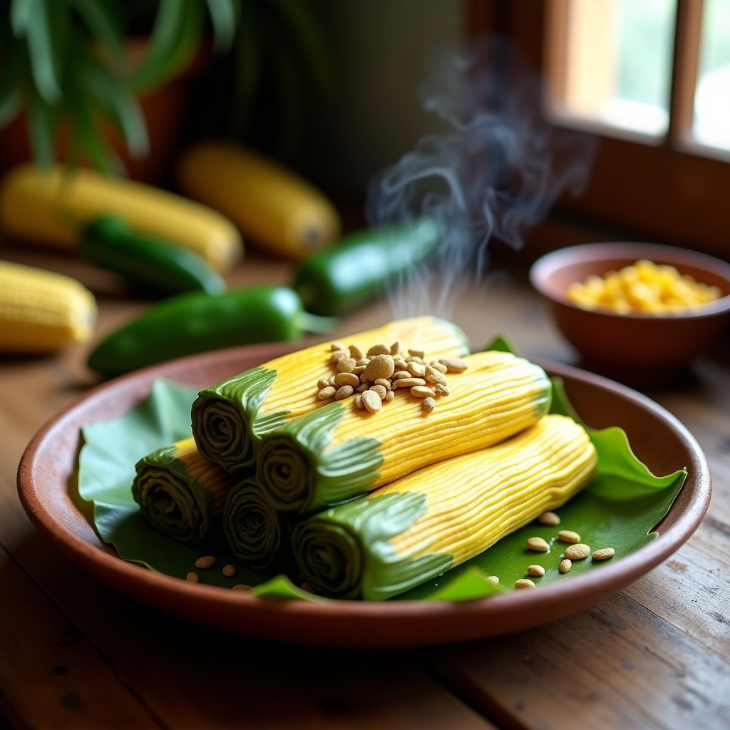 Tamales de elote y chile poblano veganos envueltos en hojas de plátano, apilados en un plato de barro rústico con semillas de calabaza espolvoreadas. Receta mexicana tradicional sin gluten.
