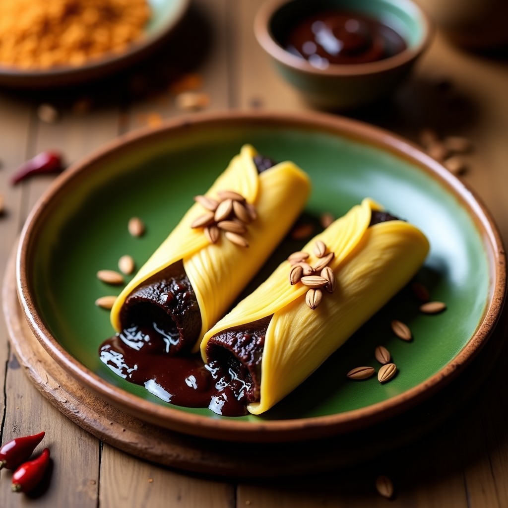 Tamales oaxaqueños de mole negro envueltos en hojas de plátano, servidos en un plato de barro con salsa de mole negro espeso y decorados con semillas de calabaza.