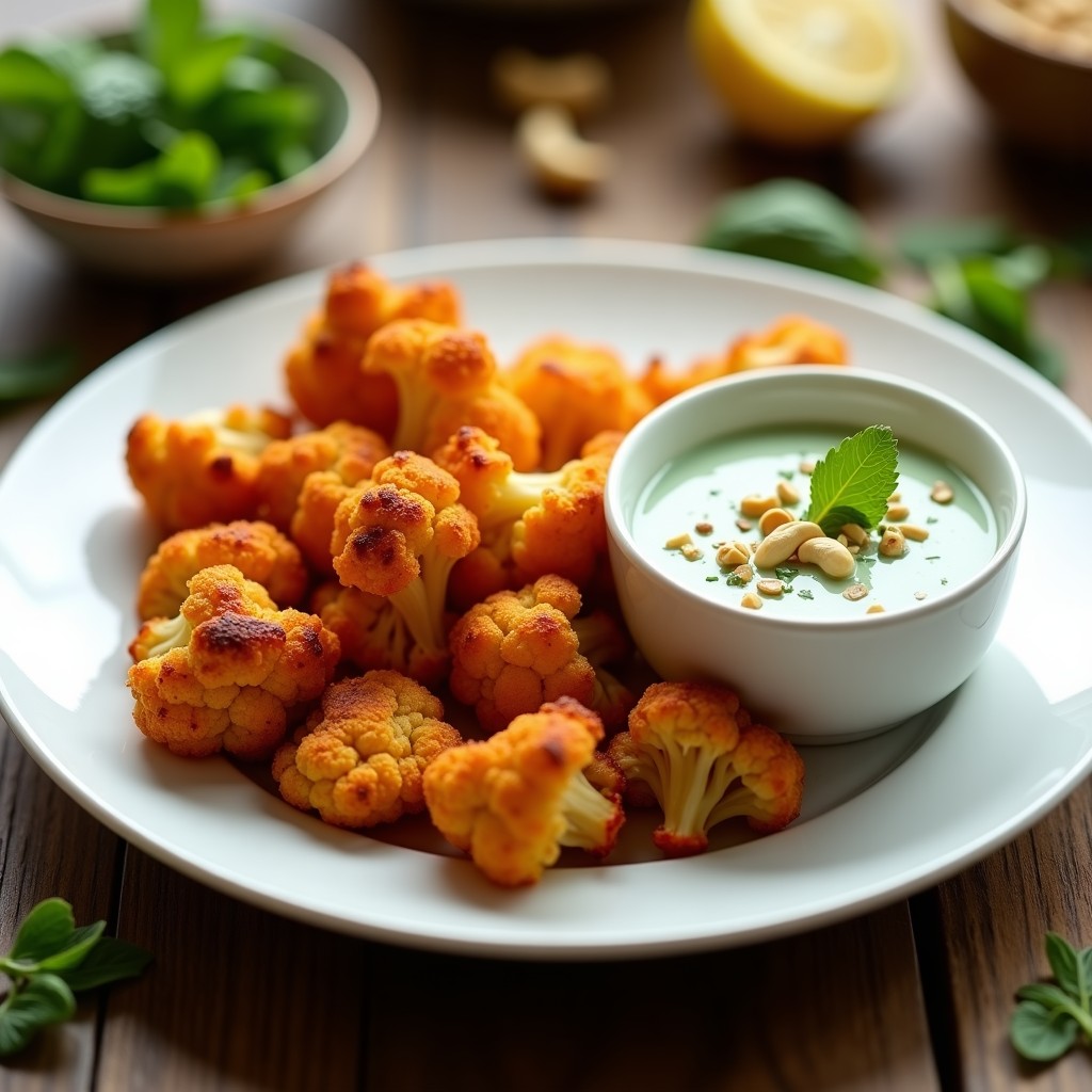 Plato blanco con tándori de coliflor dorada y crujiente, decorada con cebolla morada en juliana, cilantro fresco, semillas de sésamo y acompañada de salsa de yogur y menta verde. Receta india vegana en airfryer.