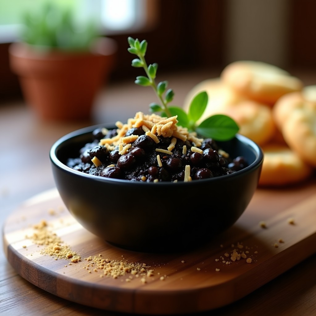Bol pequeño de cerámica negra con tapenade de aceitunas negras y trufa, decorado con virutas de trufa y hojas de tomillo fresco sobre una tabla de madera rústica.