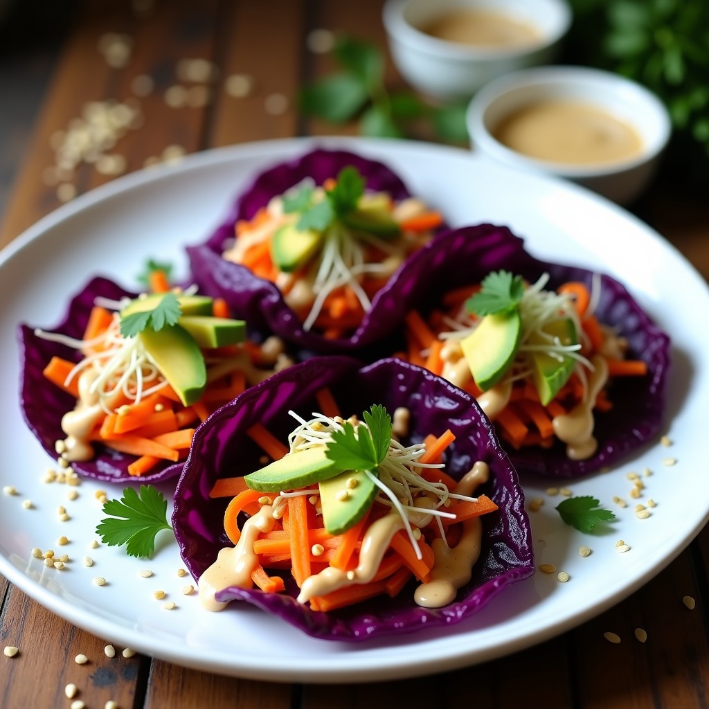 Taquitos de repollo morado y zanahoria con aderezo de tahini servidos en plato blanco, crujientes y dorados, acompañados de salsa cremosa y semillas de girasol, receta crudivegana en airfryer.