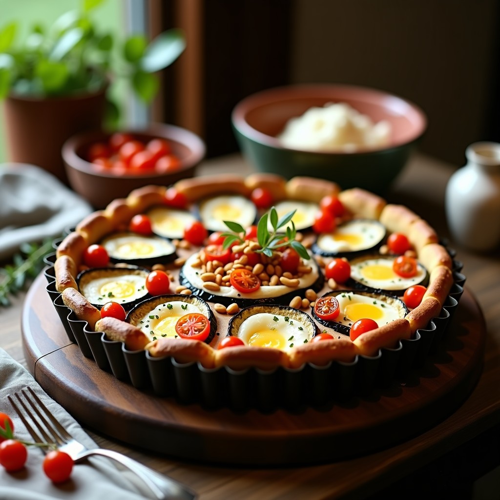 Tarta salada italiana sin masa con capas de berenjena asada dorada y crema de ricotta, decorada con tomates cherry y semillas de sésamo, servida en molde rústico sobre tabla de madera.