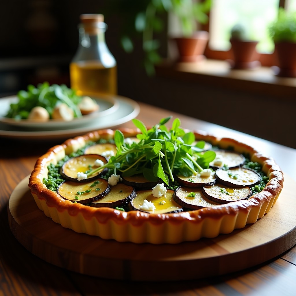 Tarta salada sin masa de berenjena y pesto de rúcula horneada, con capas visibles de berenjena asada, pesto verde intenso y queso de cabra dorado. Plato baja en carbohidratos y keto, servido en molde redondo sobre tabla de madera rústica.