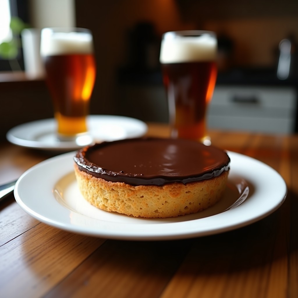Tarta de bizcocho de cerveza negra y chocolate recién horneada, con textura esponjosa y color oscuro intenso, decorada con virutas de chocolate negro sobre un plato rústico.