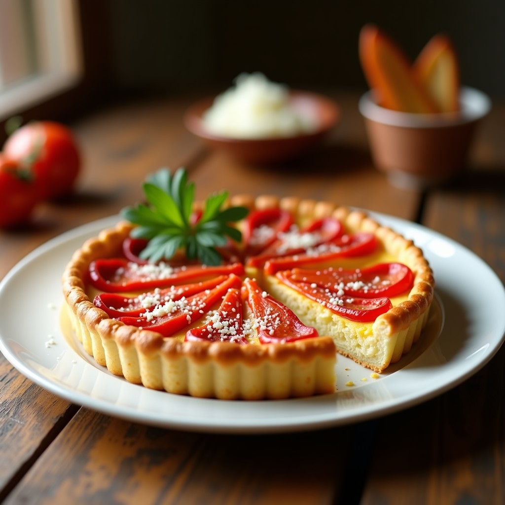 Tarta dorada de bonito y pimientos asados al horno, cortada en porciones y servida en plato blanco con hierbas frescas.